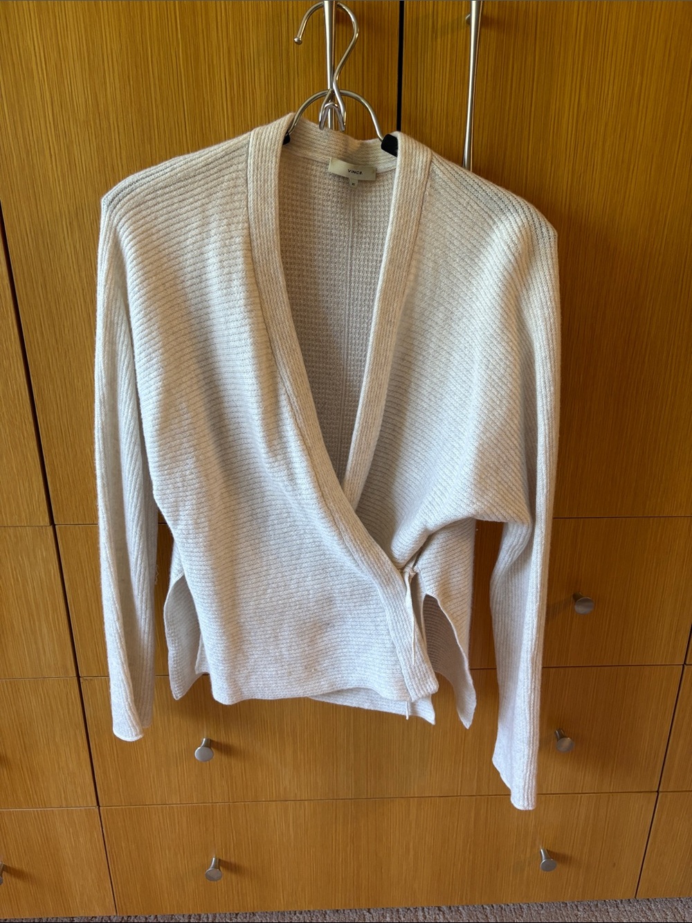 Vince Cream Wrap-Front Ribbed Knit Wool/Cashmere Cardigan